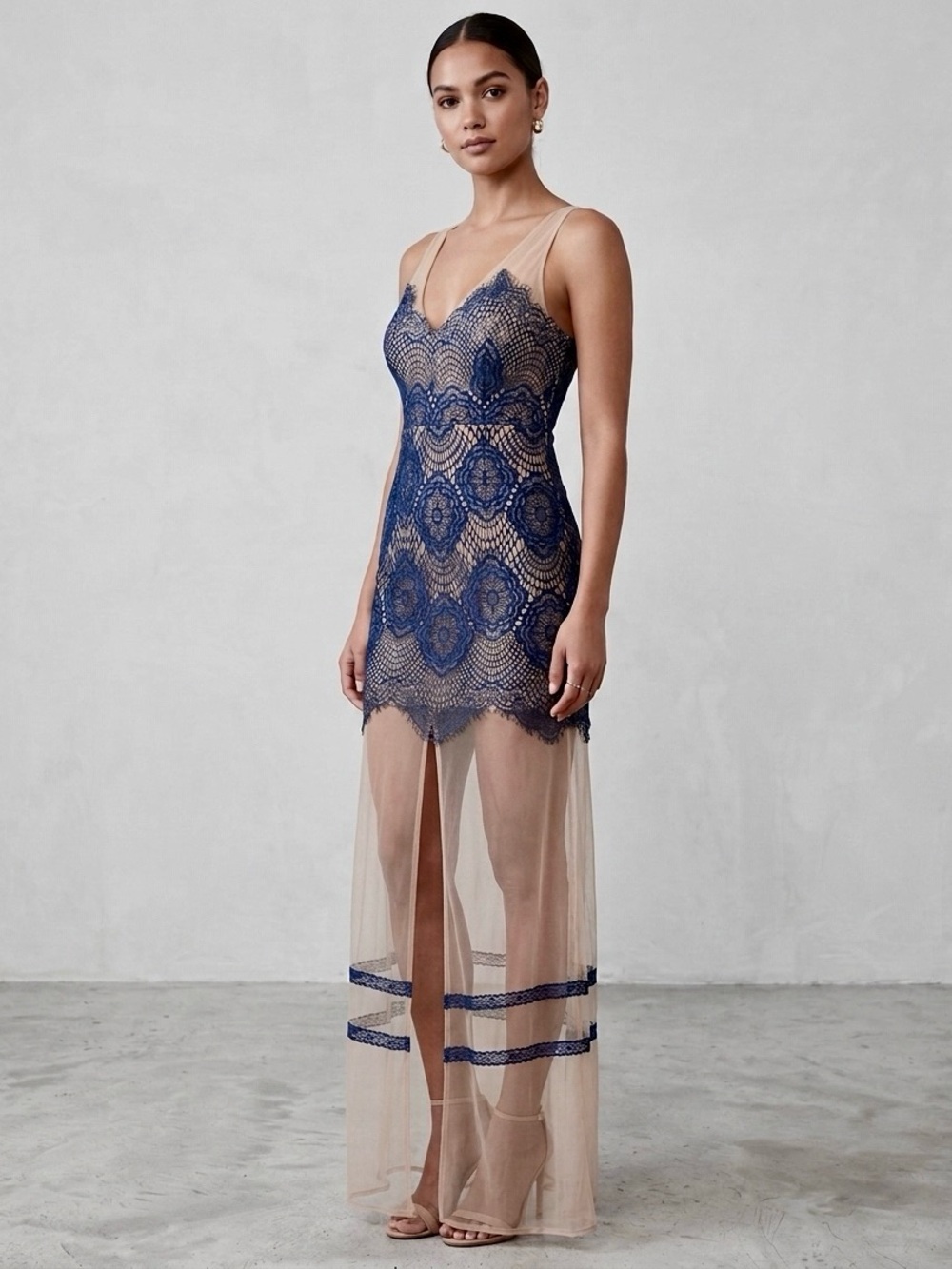 Navy lace and tan v neck maxi dress size medium